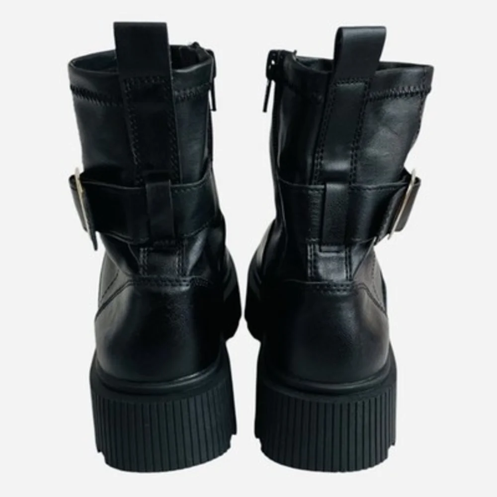 Zara Black Leather Ankle Boots Side Zip Buckle Detail EU 34 Women's NWOB